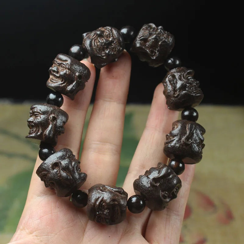 handmade wood engraving stretch good luck buddha Avalokitesvara lotus bracelet men jewelry
