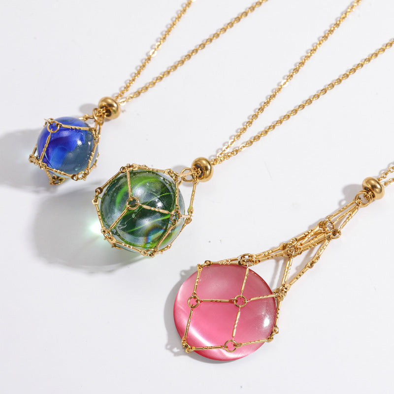 Fashion Stainless Steel 18k Gold Plated Chain Crochet Cage Pocket Bag Pouch Crystal Stone Sphere Holder Necklace for Pearl