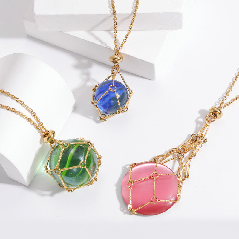 Fashion Stainless Steel 18k Gold Plated Chain Crochet Cage Pocket Bag Pouch Crystal Stone Sphere Holder Necklace for Pearl