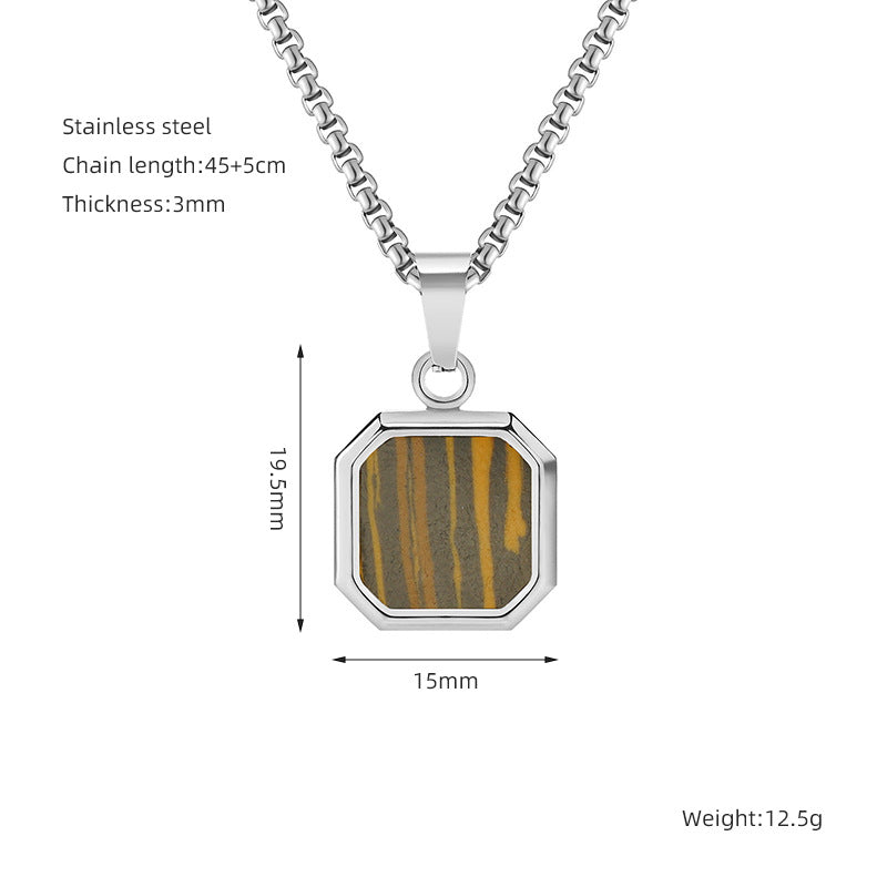 Fashion Chic Stainless Steel Square Shell Turquoise Stone Pendant Necklace Jewelry for Men Women