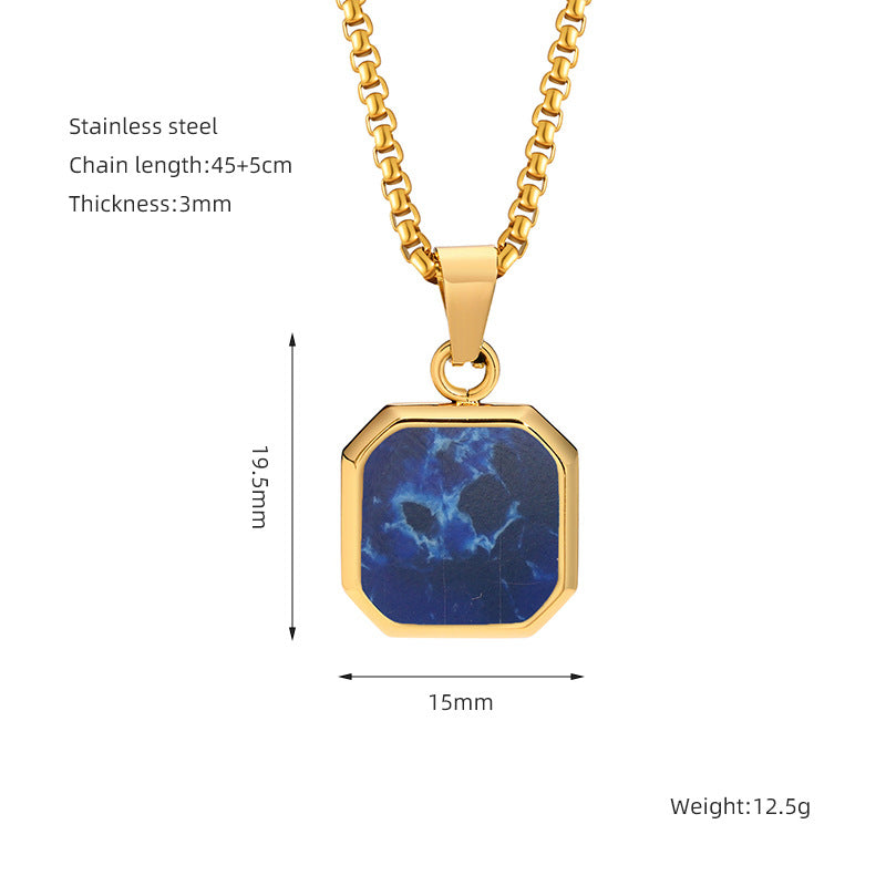 Fashion Chic Stainless Steel Square Shell Turquoise Stone Pendant Necklace Jewelry for Men Women