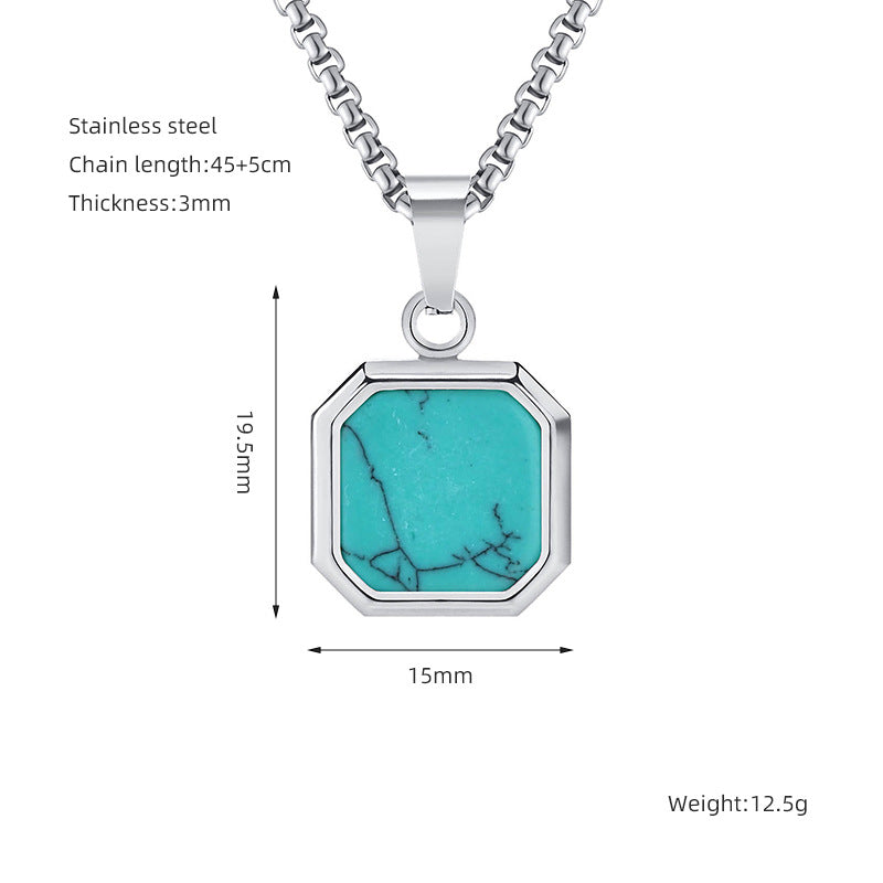 Fashion Chic Stainless Steel Square Shell Turquoise Stone Pendant Necklace Jewelry for Men Women