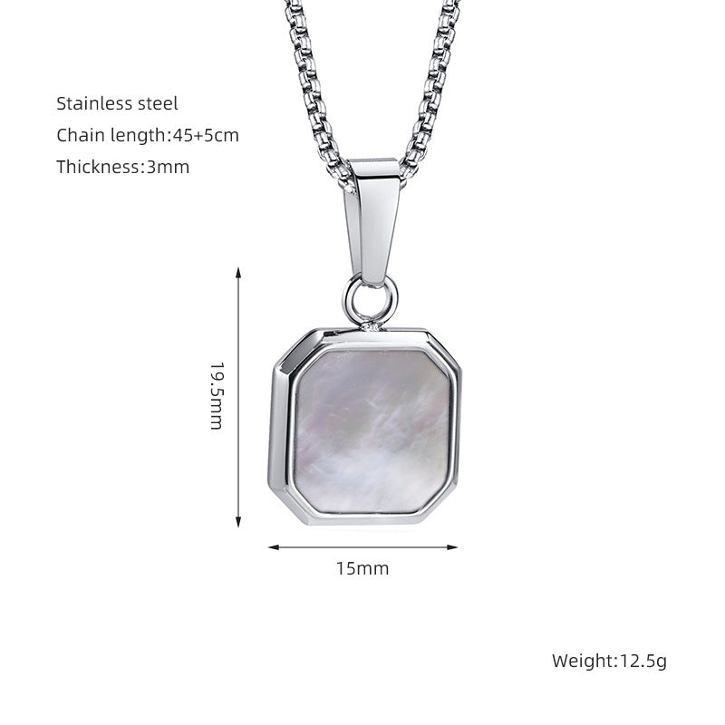 Fashion Chic Stainless Steel Square Shell Turquoise Stone Pendant Necklace Jewelry for Men Women