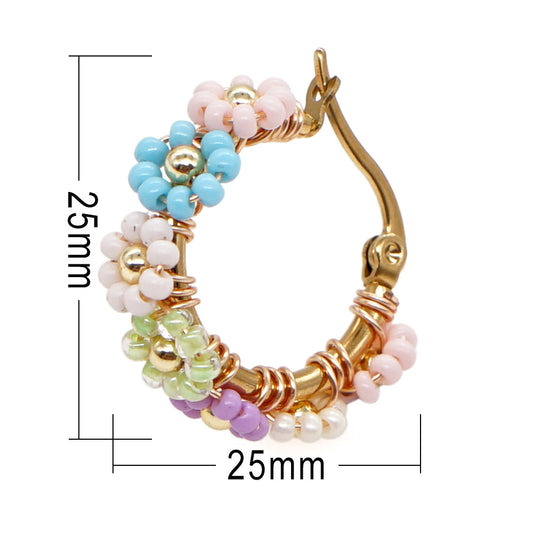 multi colored Glass seed beads beaded flower hoop earrings small 2.5cm earring jewelry for women