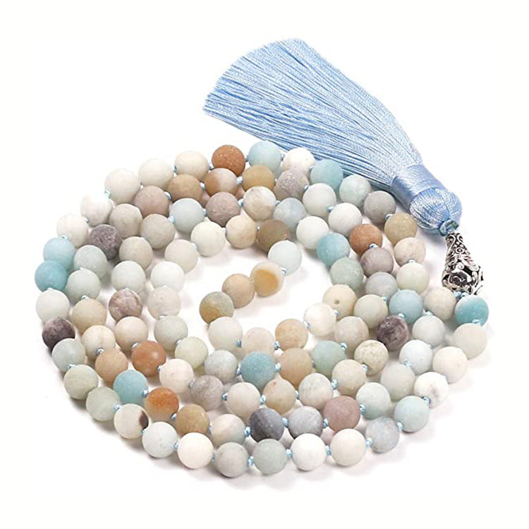 handmade natural gemstone japamala necklace 108 beads amazonite howlite tassel prayer yoga jewelry hawain necklace