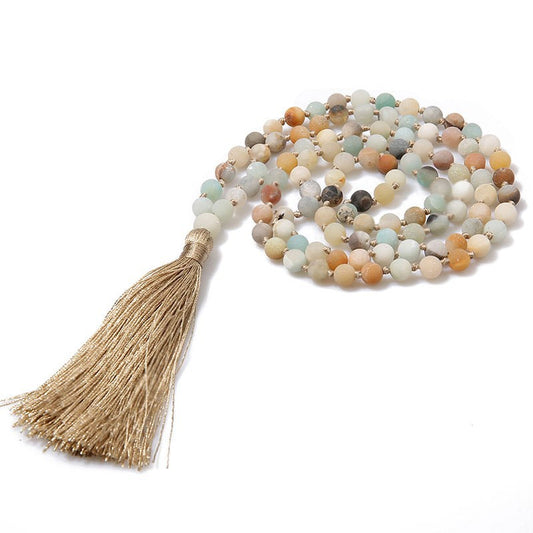 wholesale sweater handmade genuine natural amazonite gem stone beads mala 108 yoga prayer meditation pendant necklace jewelry