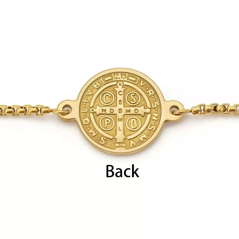 Stainless Steel Catholic Saint St Benedict San Benito Medal Cuff Charm Bangle Bracelet Jewelry 18k Gold Plated Color