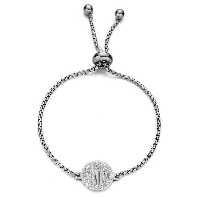 Stainless Steel Catholic Saint St Benedict San Benito Medal Cuff Charm Bangle Bracelet Jewelry 18k Gold Plated Color