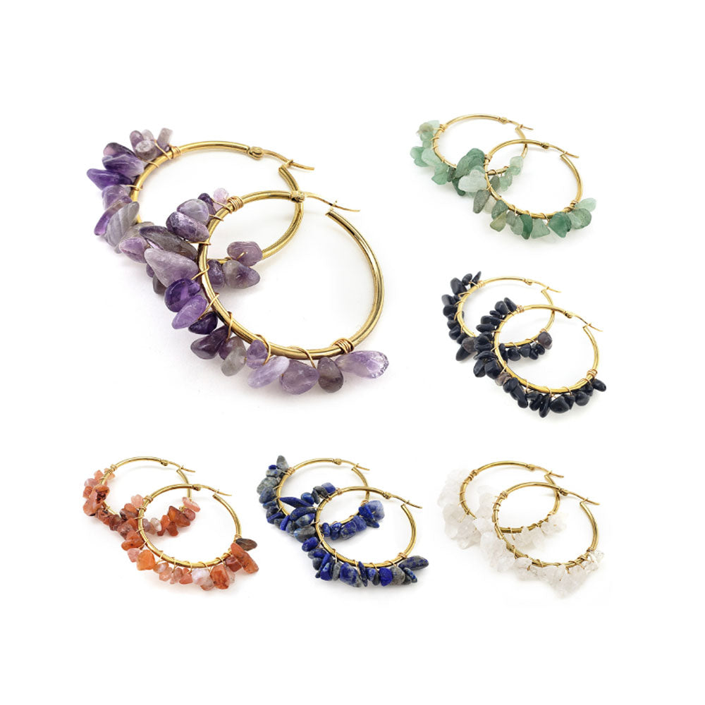 Bohemian Stainless Steel Gold Plate 4cm Hoop with Natural Amethyst Rose Quartz Gemstone Chips Stone Looped Earring for Women