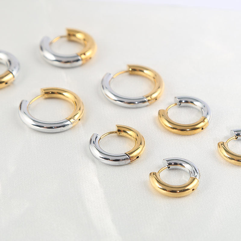 fashion simple boho stainless steel gold plated tarnish free hypoallergenic half gold half silver earrings small hoop unisex