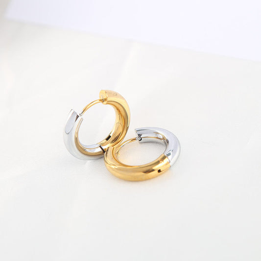 fashion simple boho stainless steel gold plated tarnish free hypoallergenic half gold half silver earrings small hoop unisex
