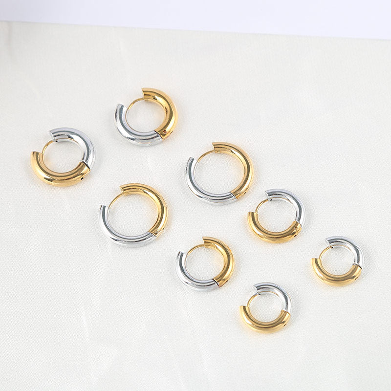 fashion simple boho stainless steel gold plated tarnish free hypoallergenic half gold half silver earrings small hoop unisex