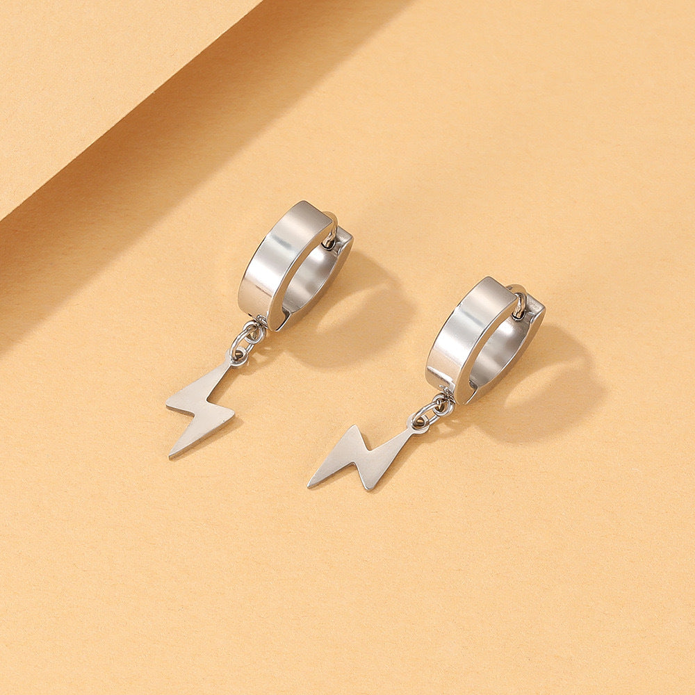 Stainless Steel Clip on Ear Cuff Hoops with Charm Dangles Lightning Earrings Unisex Men and Women Non-pierced Support