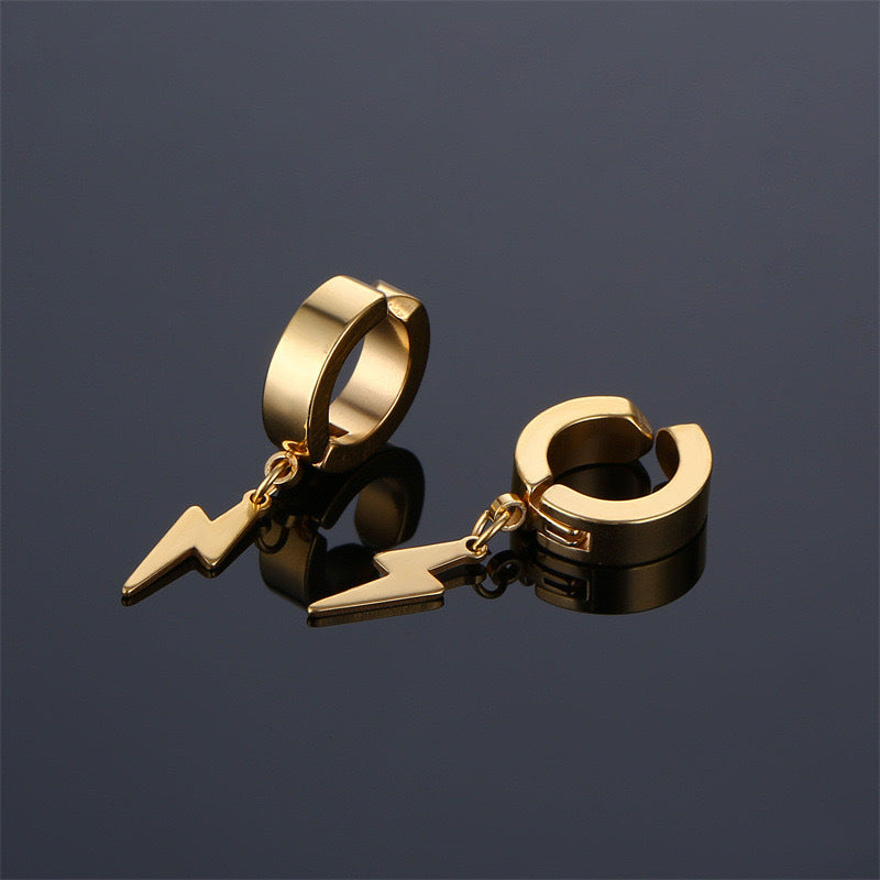 Stainless Steel Clip on Ear Cuff Hoops with Charm Dangles Lightning Earrings Unisex Men and Women Non-pierced Support