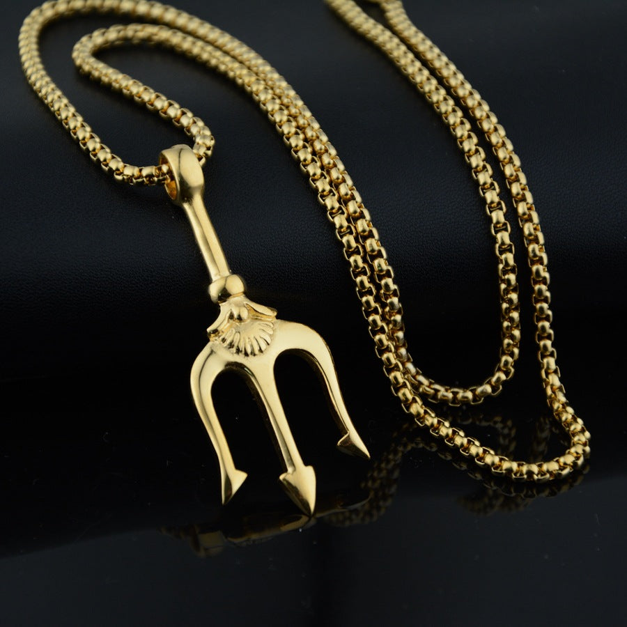Fashion 316 Stainless Steel Gold Color 18k Plated Trident Pendant Necklace Men Jewelry