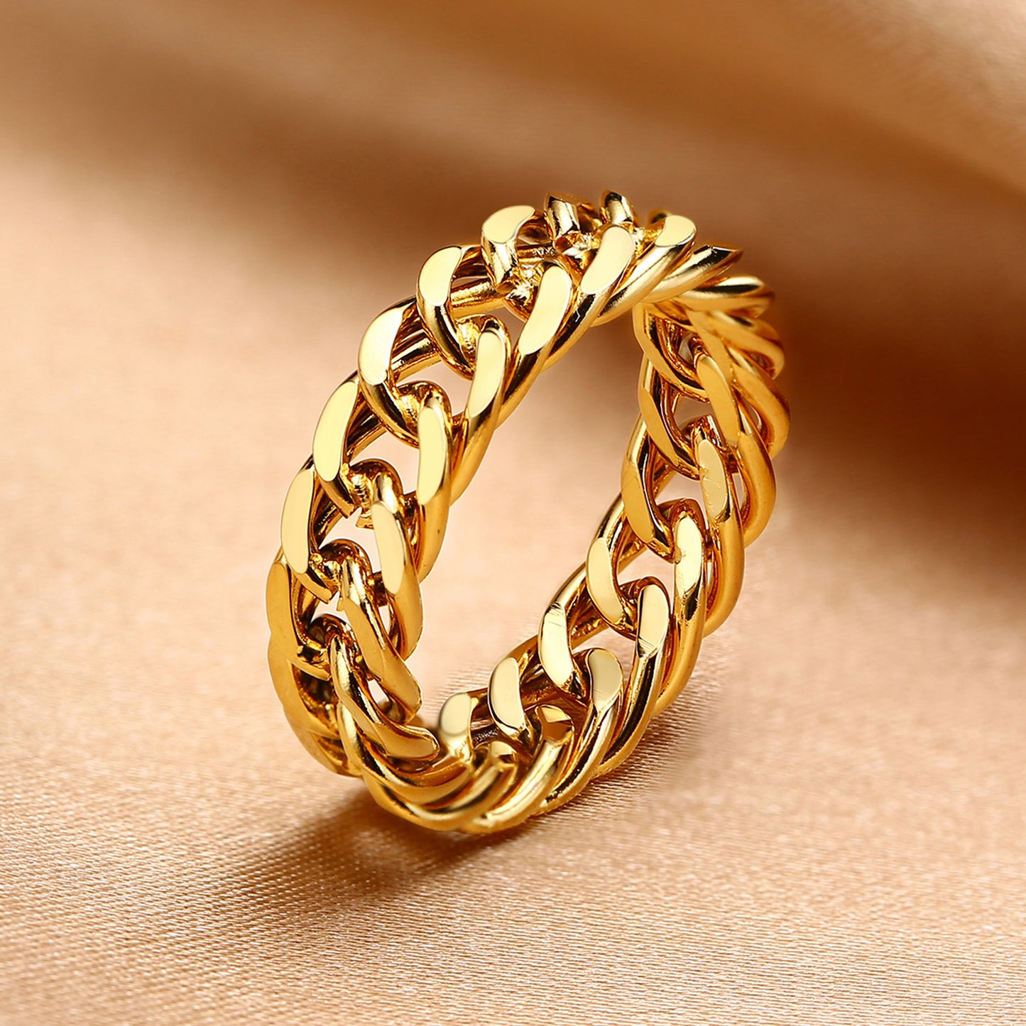Stylish Fashion Stainless Steel Gold Plated Cuban Link Chain Finger Ring Jewelry Rings for Boys Male Women