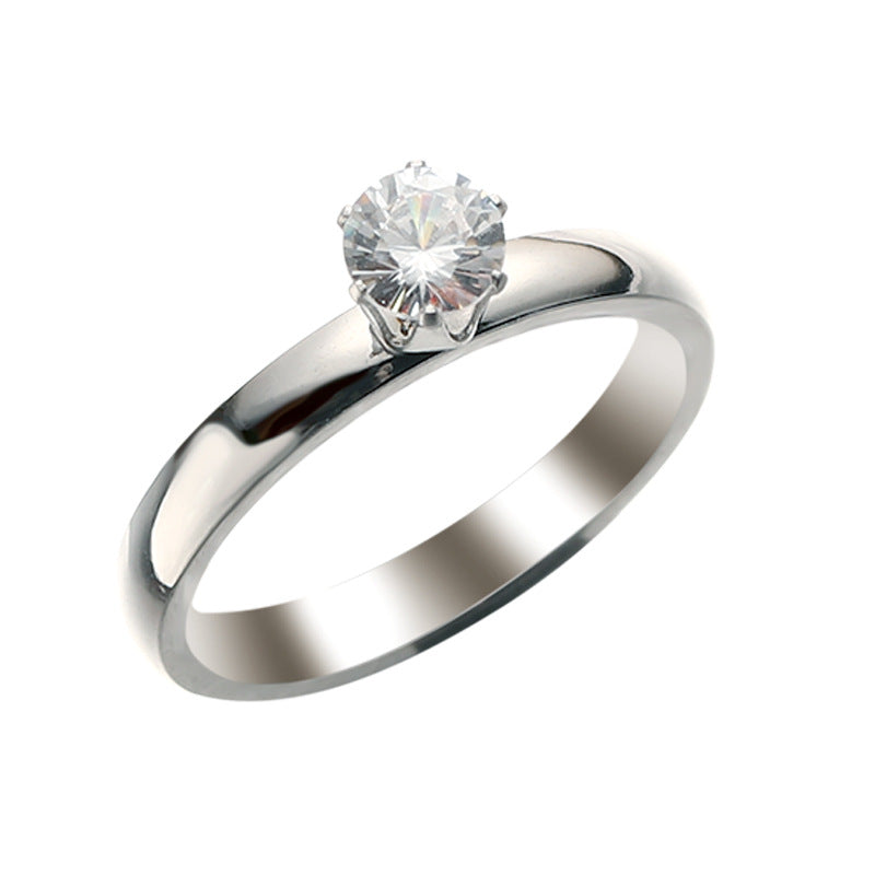 Fashion Stainless Steel Zircon Diamond 6 Claws Wedding Finger Ring Jewelry for Women 4mm Wide Band