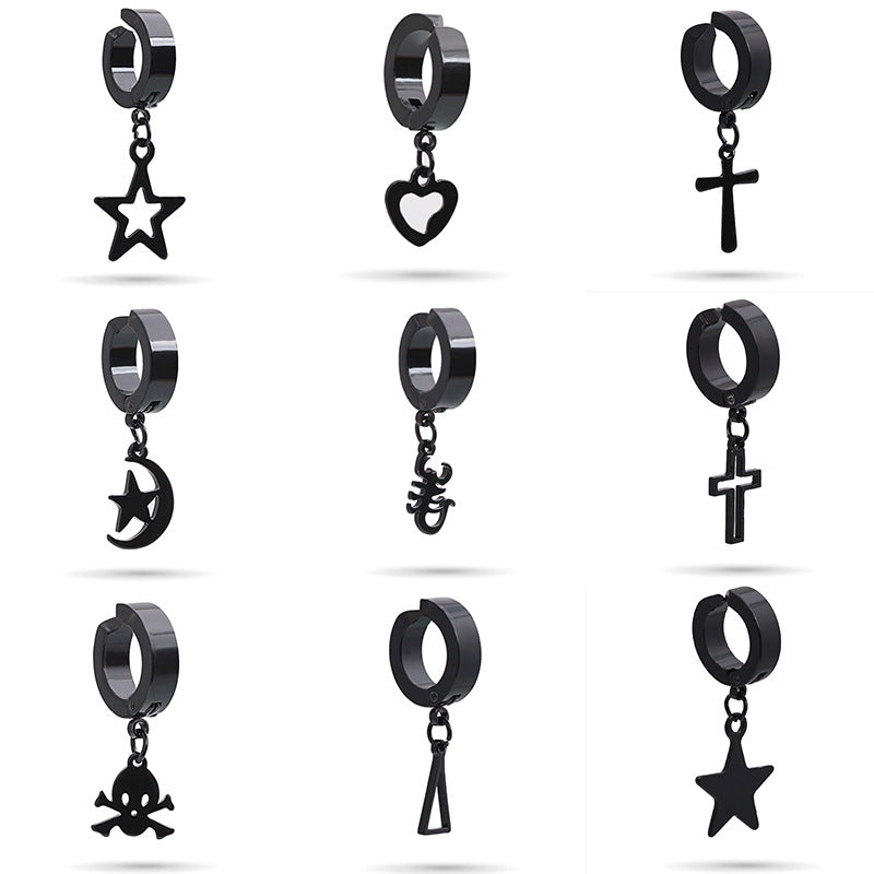 Stainless Steel Clip on Ear Cuff Hoops with Charm Dangles Star Cross Heart Earrings Unisex Men and Women Non-pierced Support
