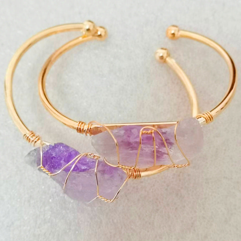 Handmade brass alloy big chunky irregular raw crystal stone bead charm cuff bangle for women jewelry bracelets bulk