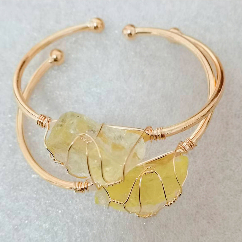 Handmade brass alloy big chunky irregular raw crystal stone bead charm cuff bangle for women jewelry bracelets bulk