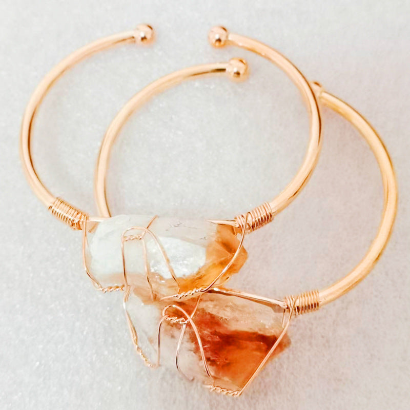 Handmade brass alloy big chunky irregular raw crystal stone bead charm cuff bangle for women jewelry bracelets bulk