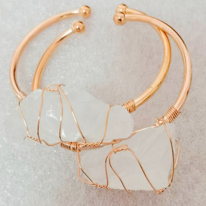 Handmade brass alloy big chunky irregular raw crystal stone bead charm cuff bangle for women jewelry bracelets bulk