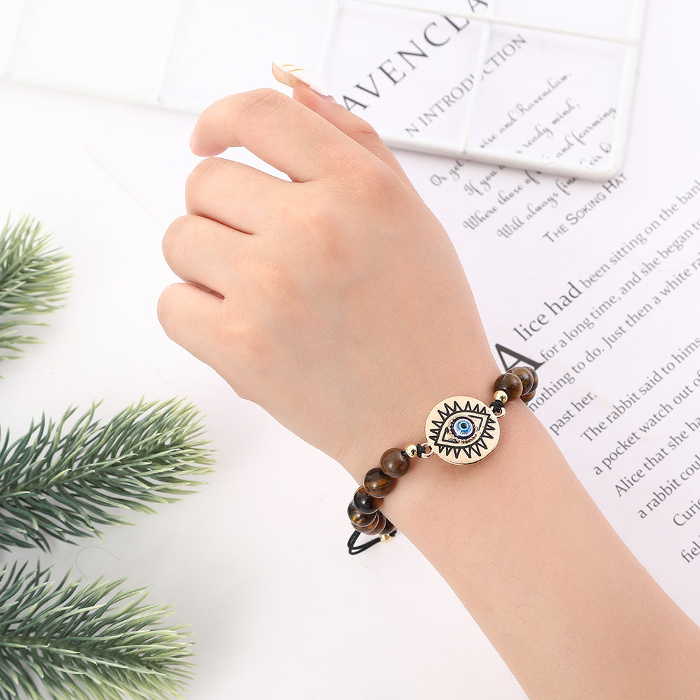 wholesale luxury natural gemstone healing tiger eye bead d-evil eye charm adjustable bracelet jewelry male women