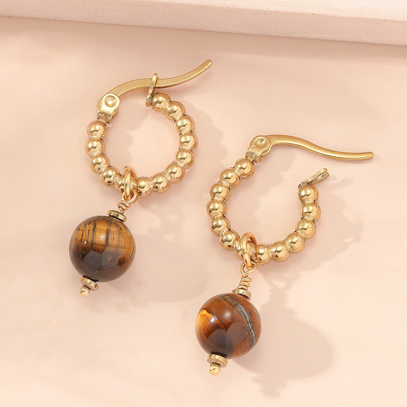 Handmade Fashion Stainless Steel tiger Eye and Pearl Bead Huggie Dangle Earring Women Earrings Jewelry