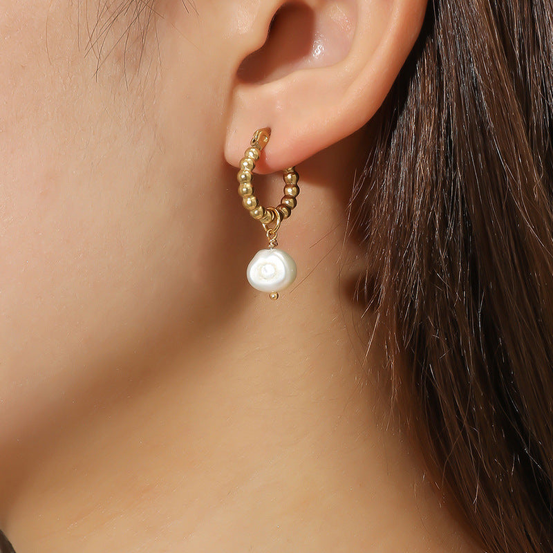 Handmade Fashion Stainless Steel tiger Eye and Pearl Bead Huggie Dangle Earring Women Earrings Jewelry