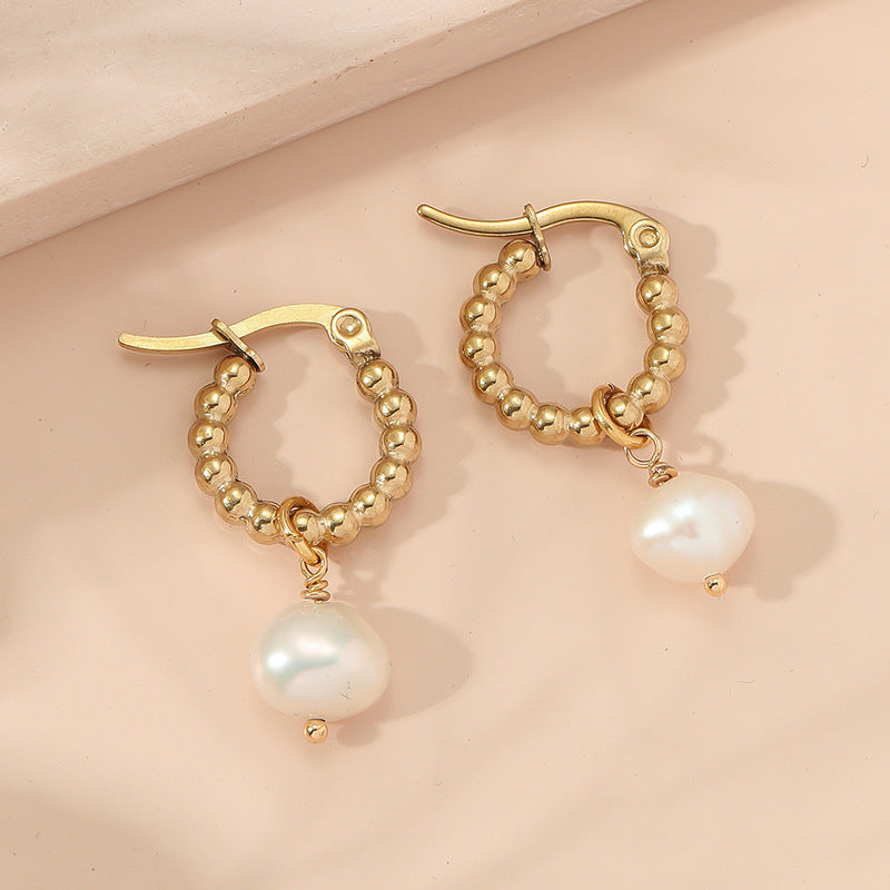 Handmade Fashion Stainless Steel tiger Eye and Pearl Bead Huggie Dangle Earring Women Earrings Jewelry