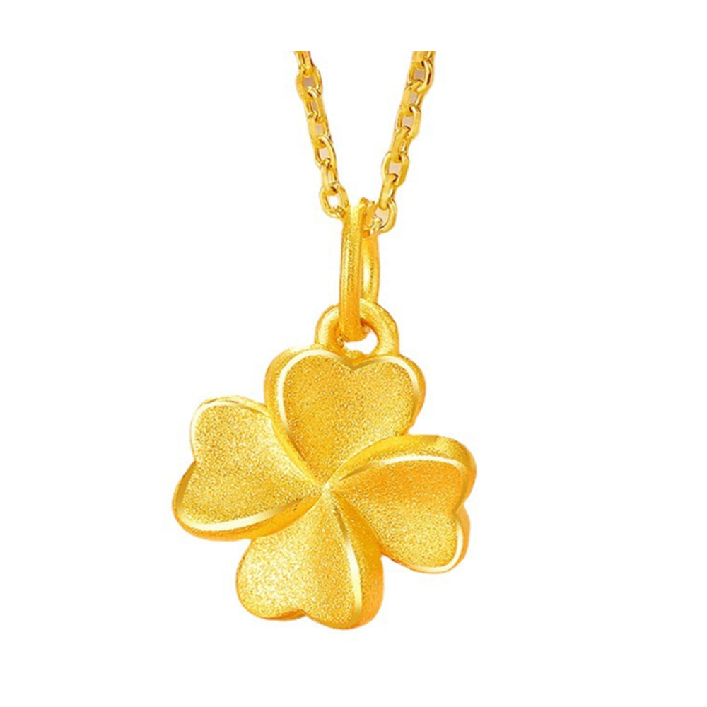 Dainty 18k Real 999 3d Hard Gold Necklace Heart Fish Feather Heart Flower Rose Clover Pendant Jewelry for Women