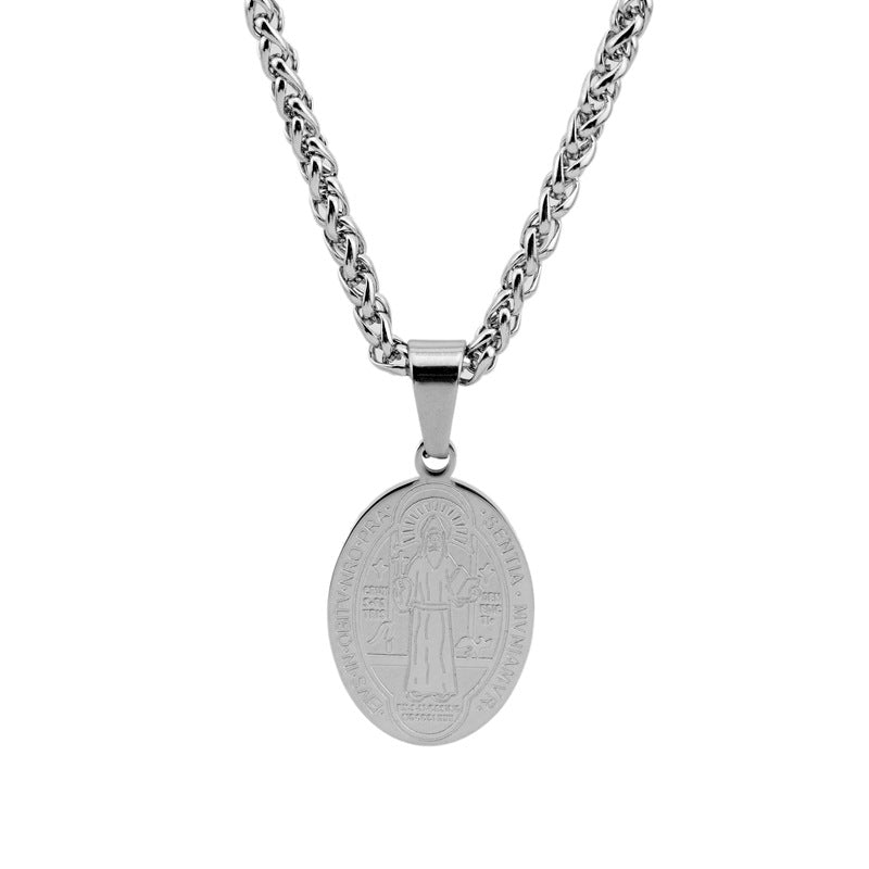 rosaries religious vintage stainless steel culture father Saint Benedict medal coin charm catholic faith pendant necklace men