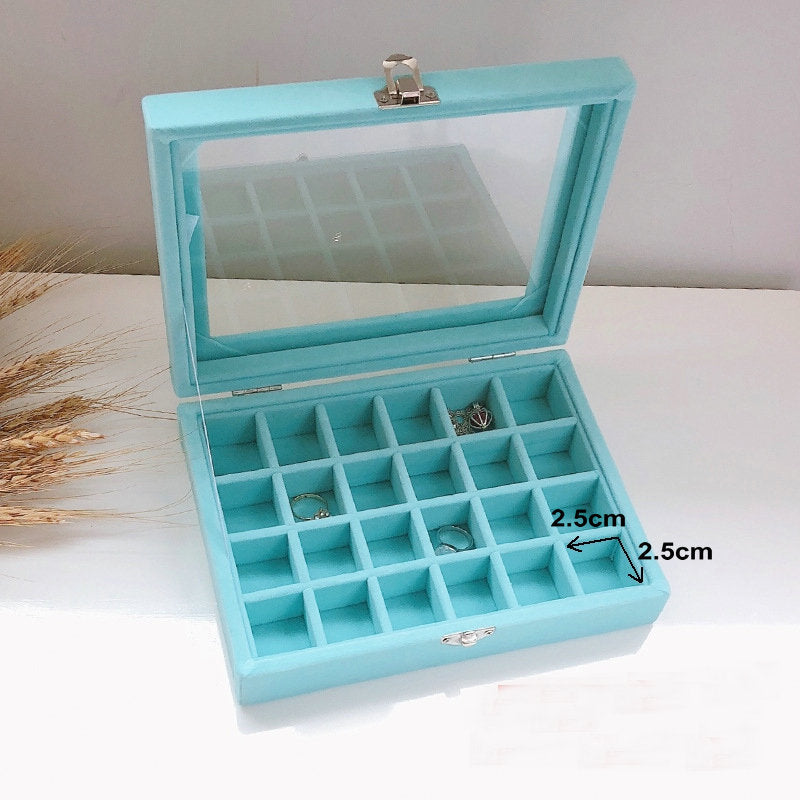 Blue Wood Velvet Watch Bangle Necklace Ring Earring Storage Case jewellery box Organizer Tray with glass lid