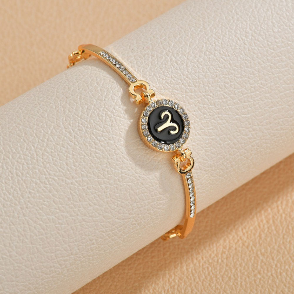 wholesale cubic zirconia diamond beads paving brass bangle 12 zodiac sings charm chain bracelet women adjustable