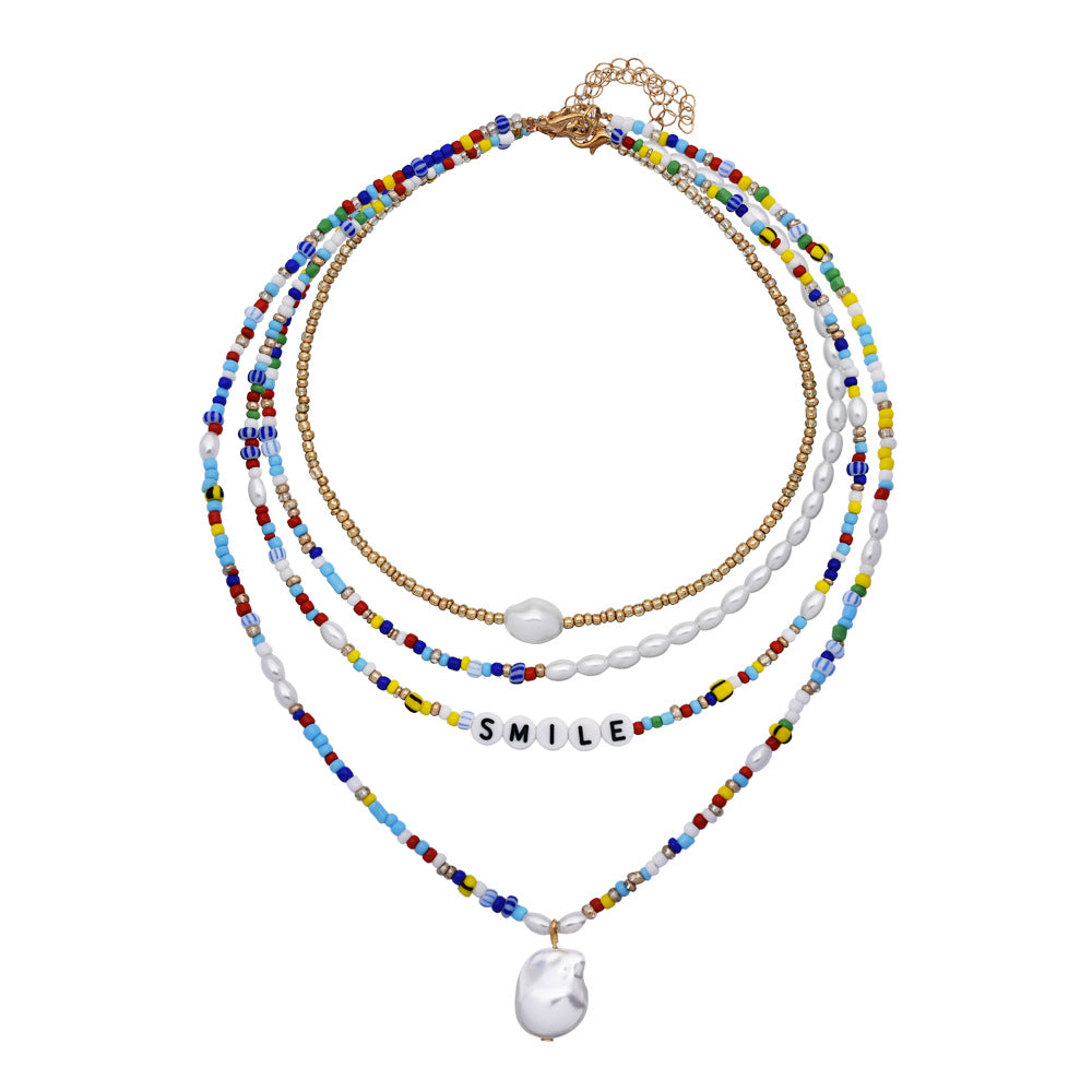 handmade colorful bohemian layers glass seed beads abs pearl beads smile letter charm layered necklace jewelry