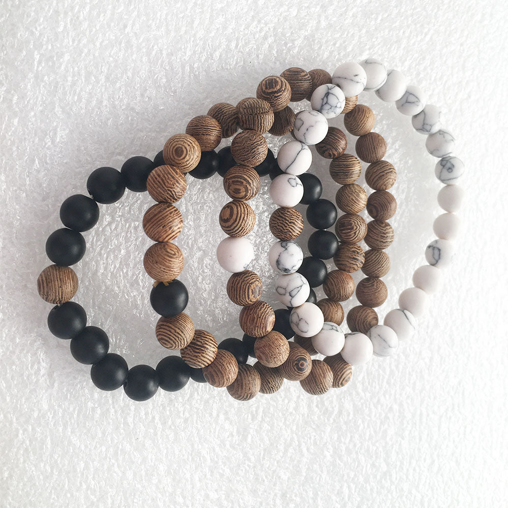 customizable 8mm round ball wood and gem black agate howlite stone beads bangle bracelet couple men women oem