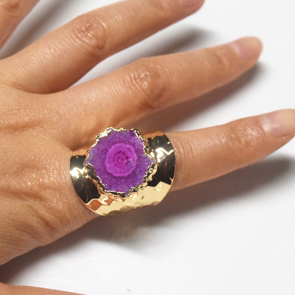punk classic unique big natural real agate druzy stone ring finger rings open cuff adjustable jewelry unisex