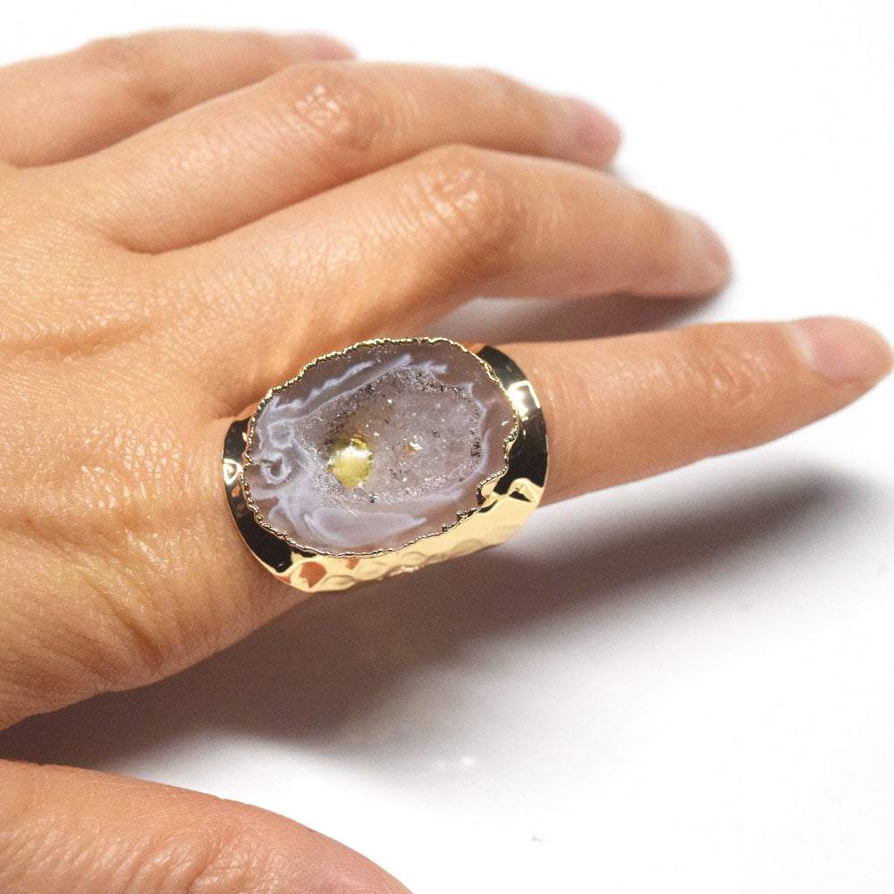 punk classic unique big natural real agate druzy stone ring finger rings open cuff adjustable jewelry unisex