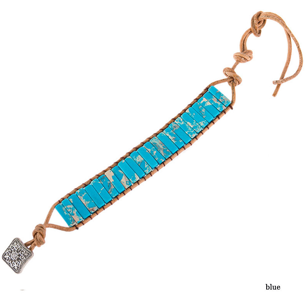 Bohemian bar Turquoise Beads Natural Stone Leather Cord Wide Design Adjustable handmade 7 chakra Tile Wrap bracelet jewelry