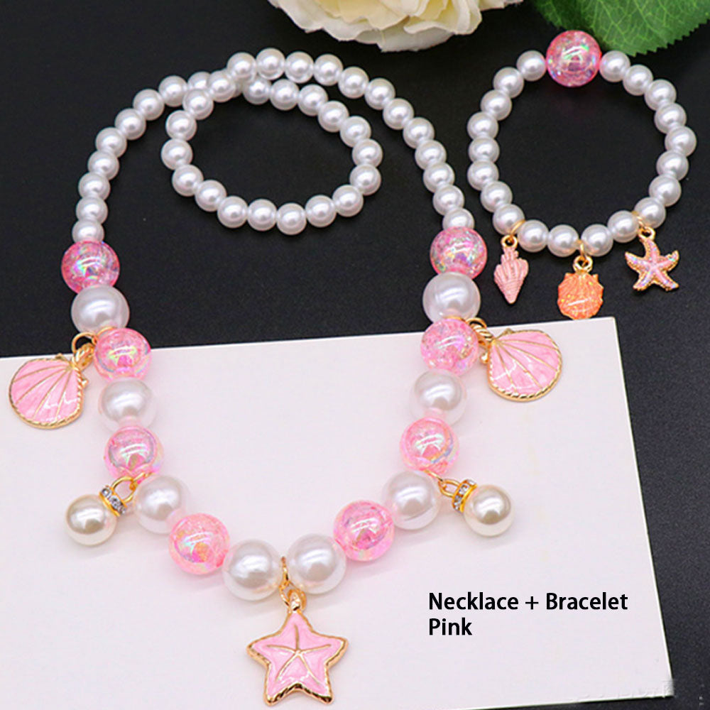 Wholesale Cheap kids Glass Pearl Beads Pink Blue White Cute Sea beach shell starfish Charms Princess Dress jewelry sets for children necklace bracelet