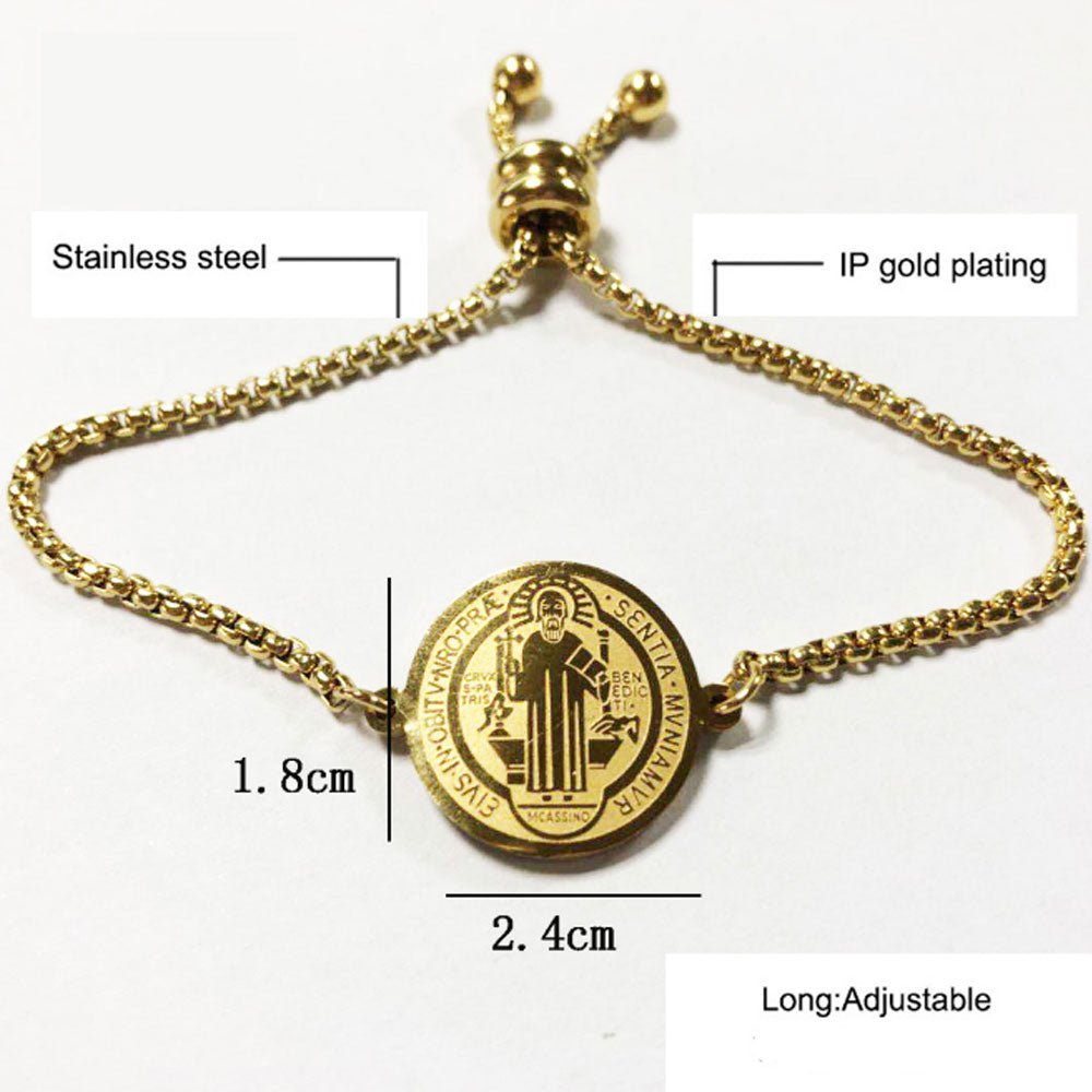 Stainless steel saint st benedict san benito medal cuff charm bangle bracelet jewelry 18k gold plated color