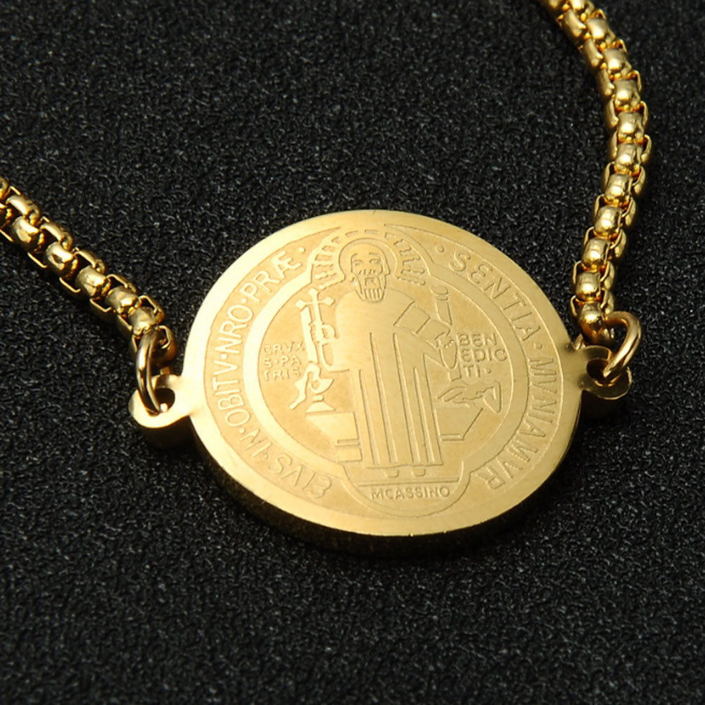 Stainless steel saint st benedict san benito medal cuff charm bangle bracelet jewelry 18k gold plated color