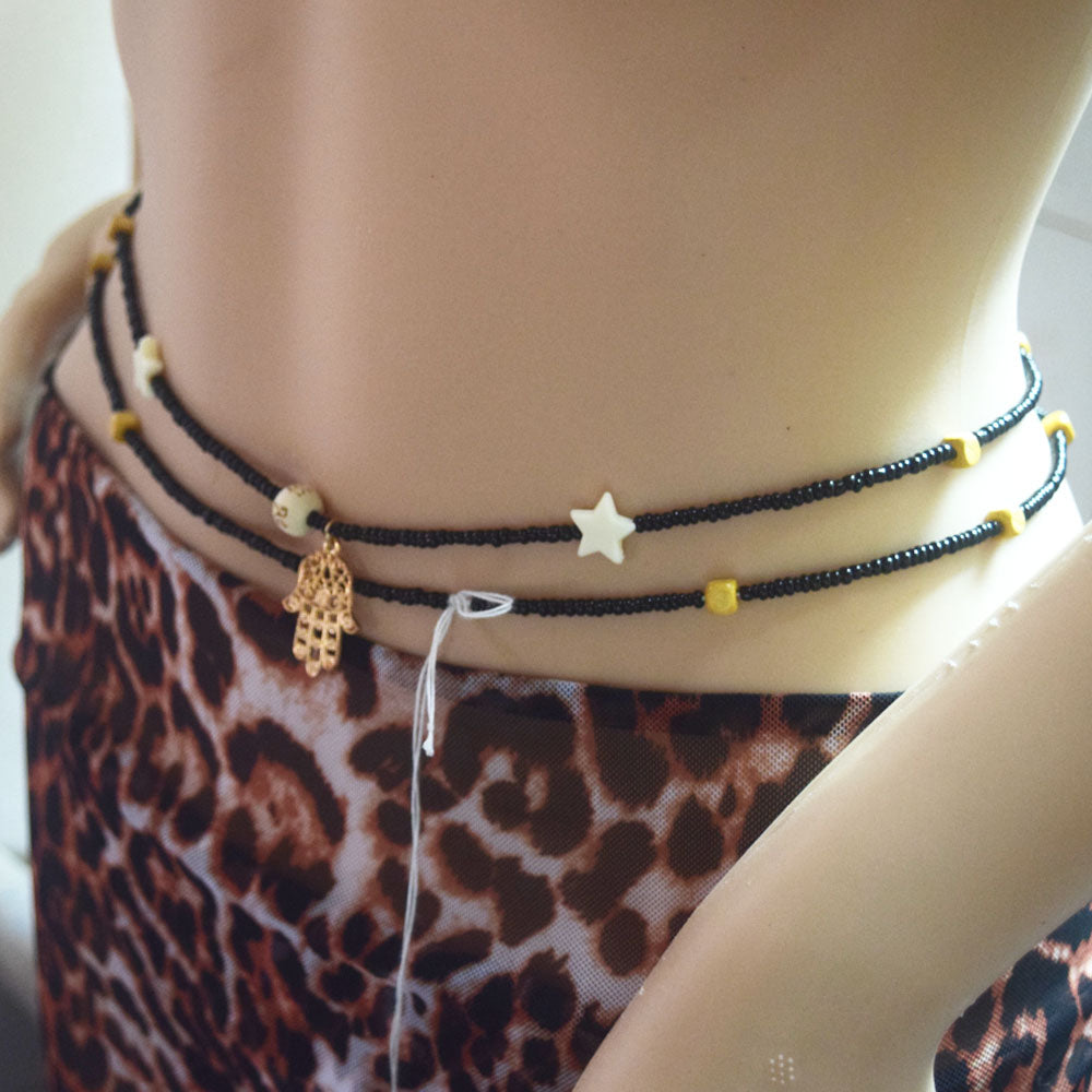 handmade african culture plus size wood hamsa hand eye charn pedant waist beads for weight loss cotton cord belly chain jewelry