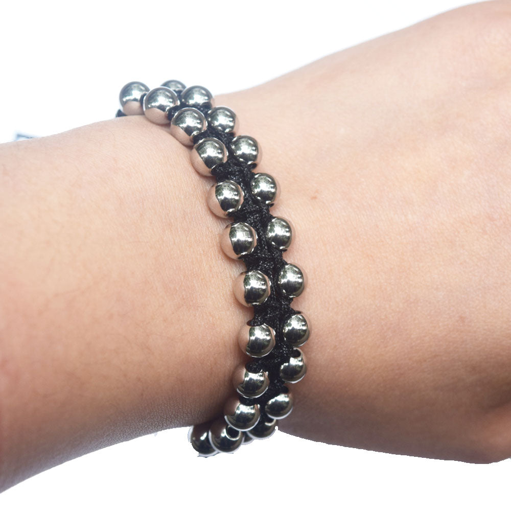 custom fashion trendy ladies handmade two rows of stainless steel beads 6mm non-tarnish adjustable hand bracelet jewelry women's