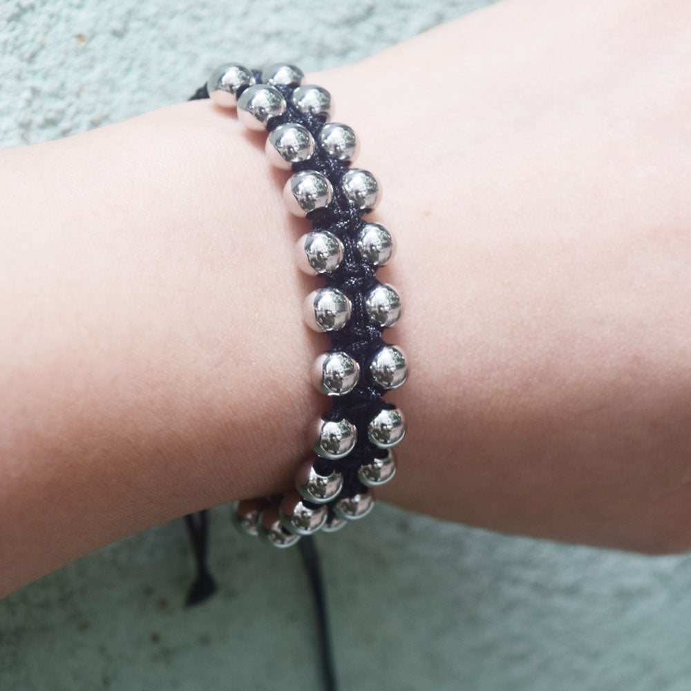 custom fashion trendy ladies handmade two rows of stainless steel beads 6mm non-tarnish adjustable hand bracelet jewelry women's