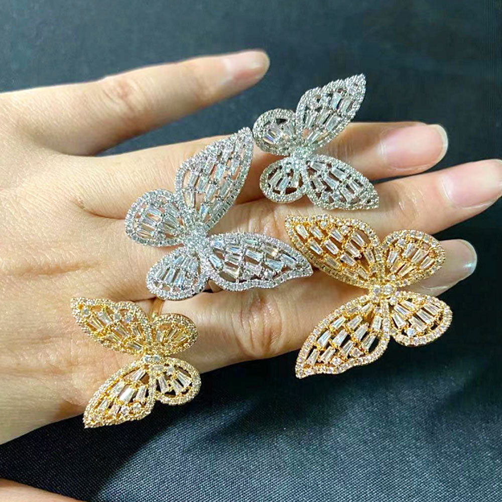 korean fashion brass 18k gold plated cubic zircon zirconia butterfly adjustable finger ring jewelry women