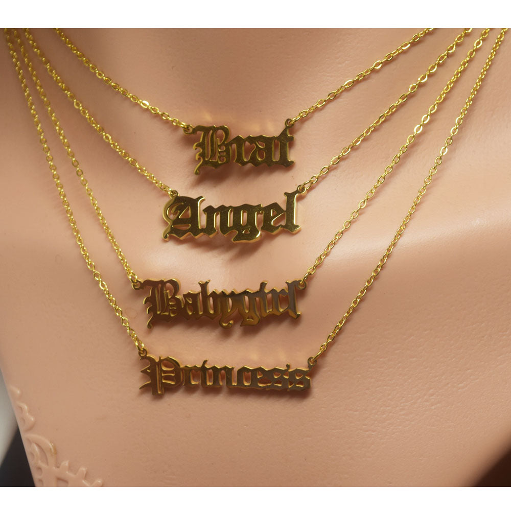 stainless steel 18k gold plated 18 inches alloy angel old english font letter pendant chain necklace Jewelry women