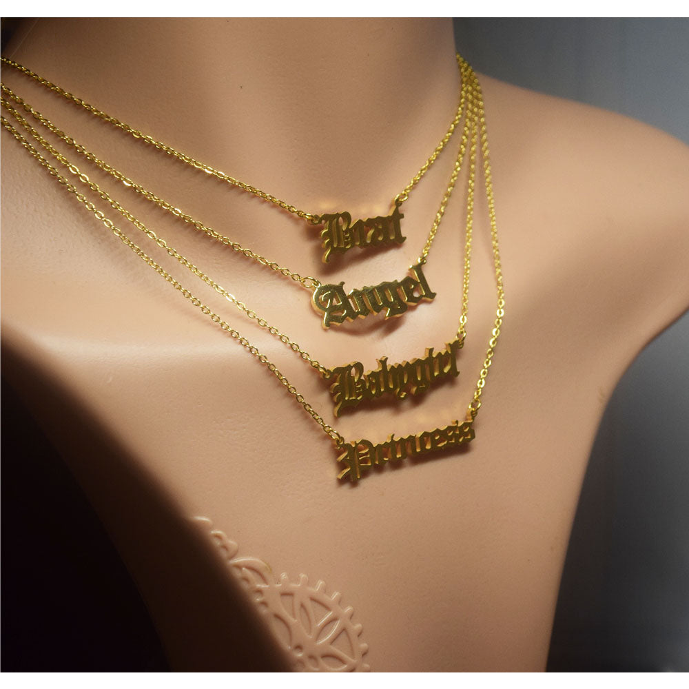 fashion women stainless steel 18k gold plated old english font brat letter pendant chain necklace jewelry