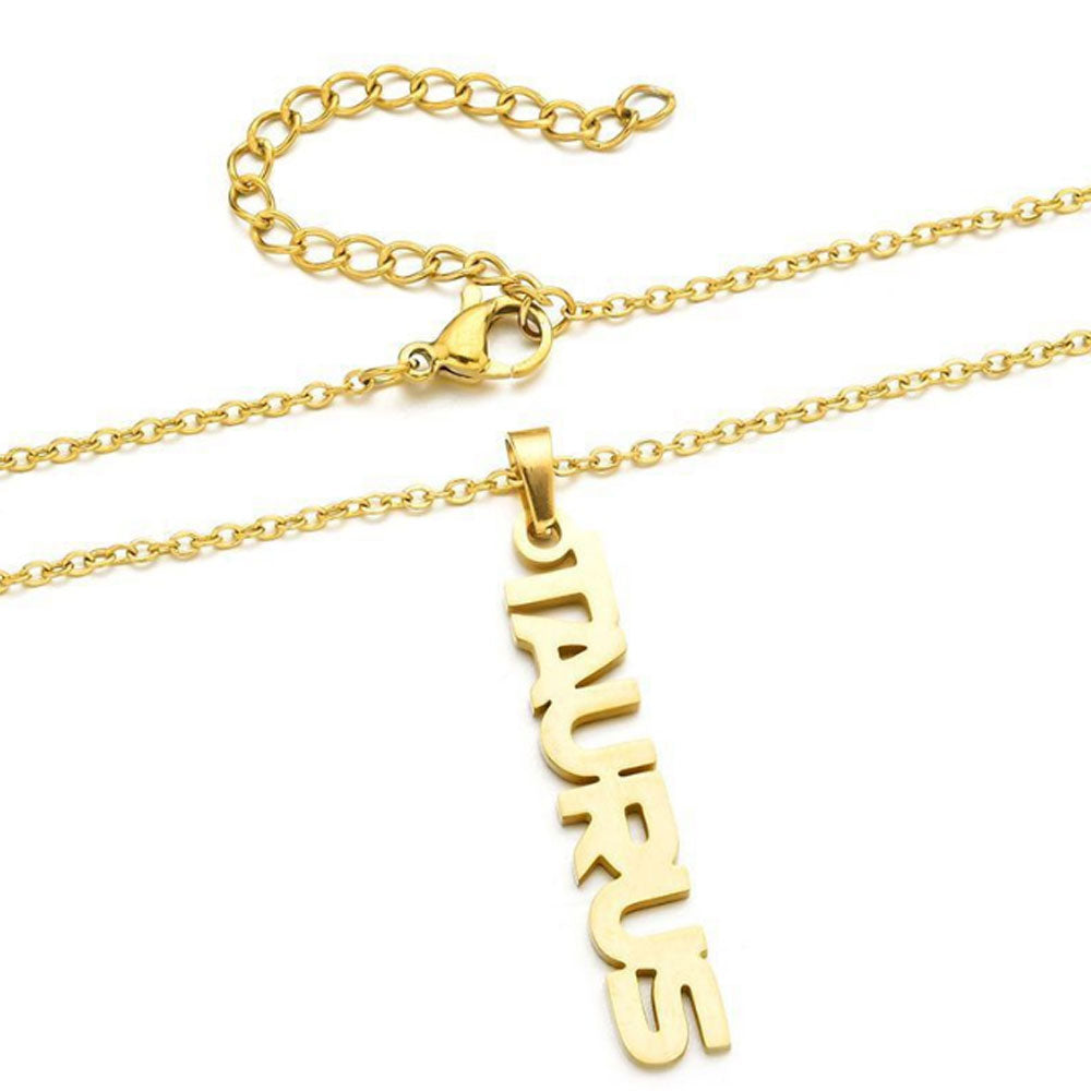 stainless steel old english font gold silver plated vertical horoscope tewelve zodiac sign pendant chain necklace jewelry