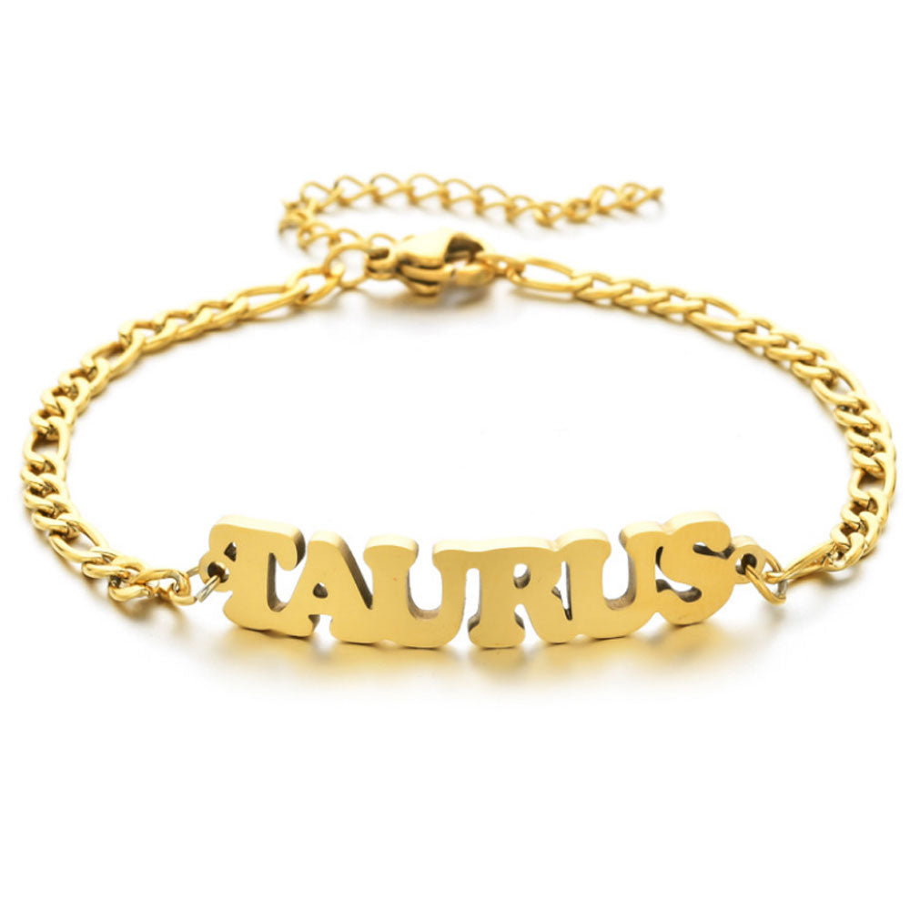 fashion stainless steel gold silver English Font letter zodiac sign charm nk chain bracelet jewelry women